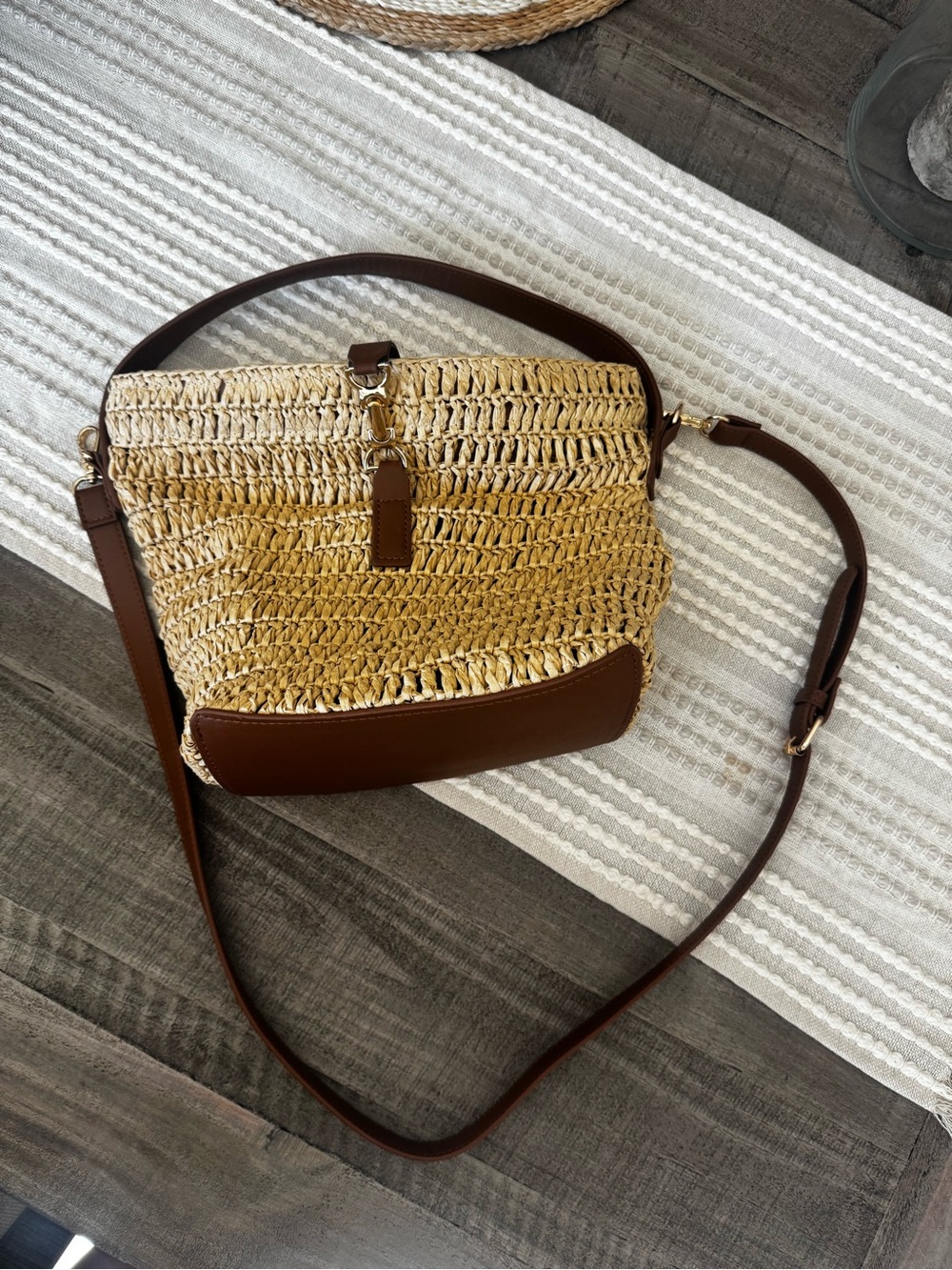 Vici Natural Straw Bucket Shoulder Bag with Brown Leather Trim